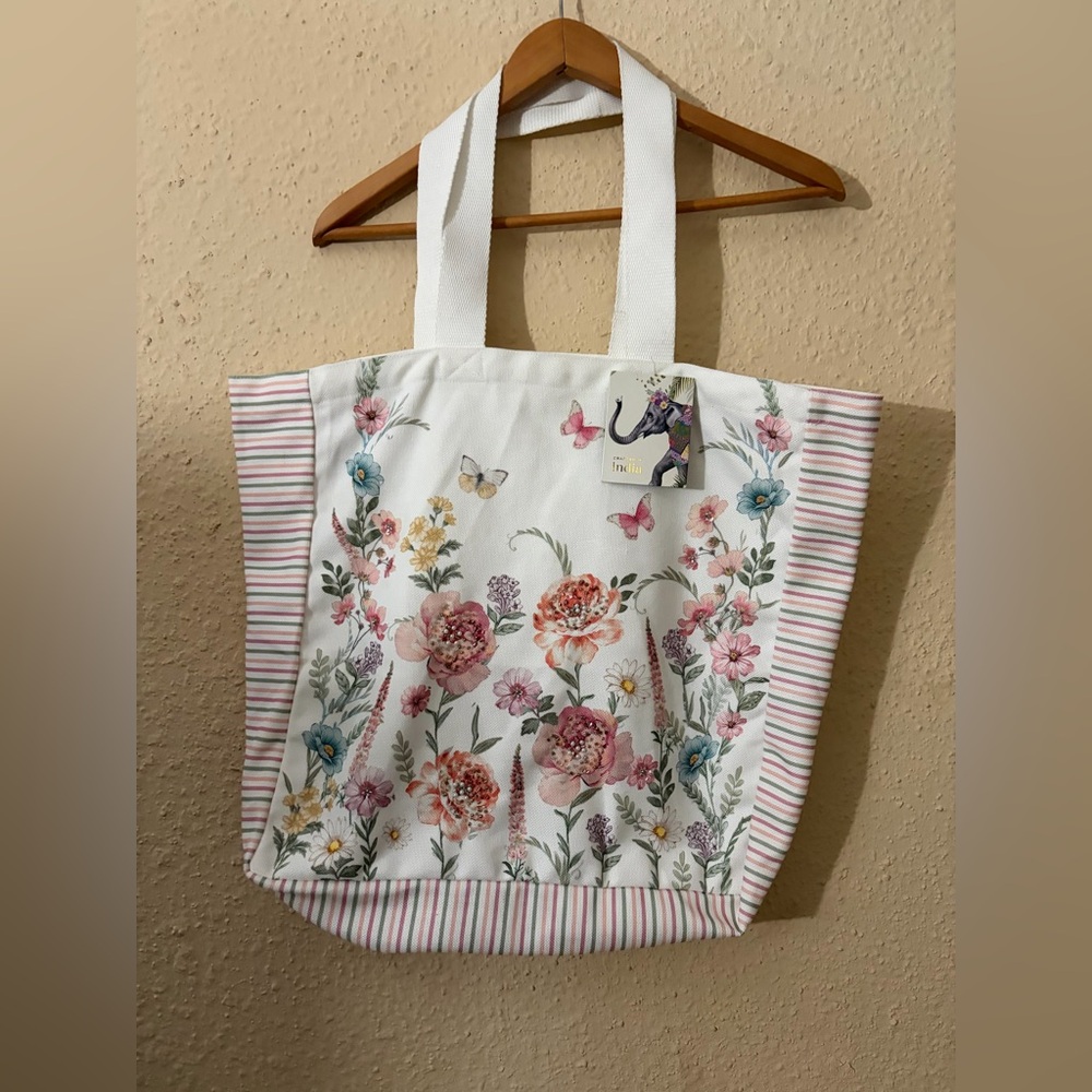 Floral Canvas Tote Bag - White and Pink